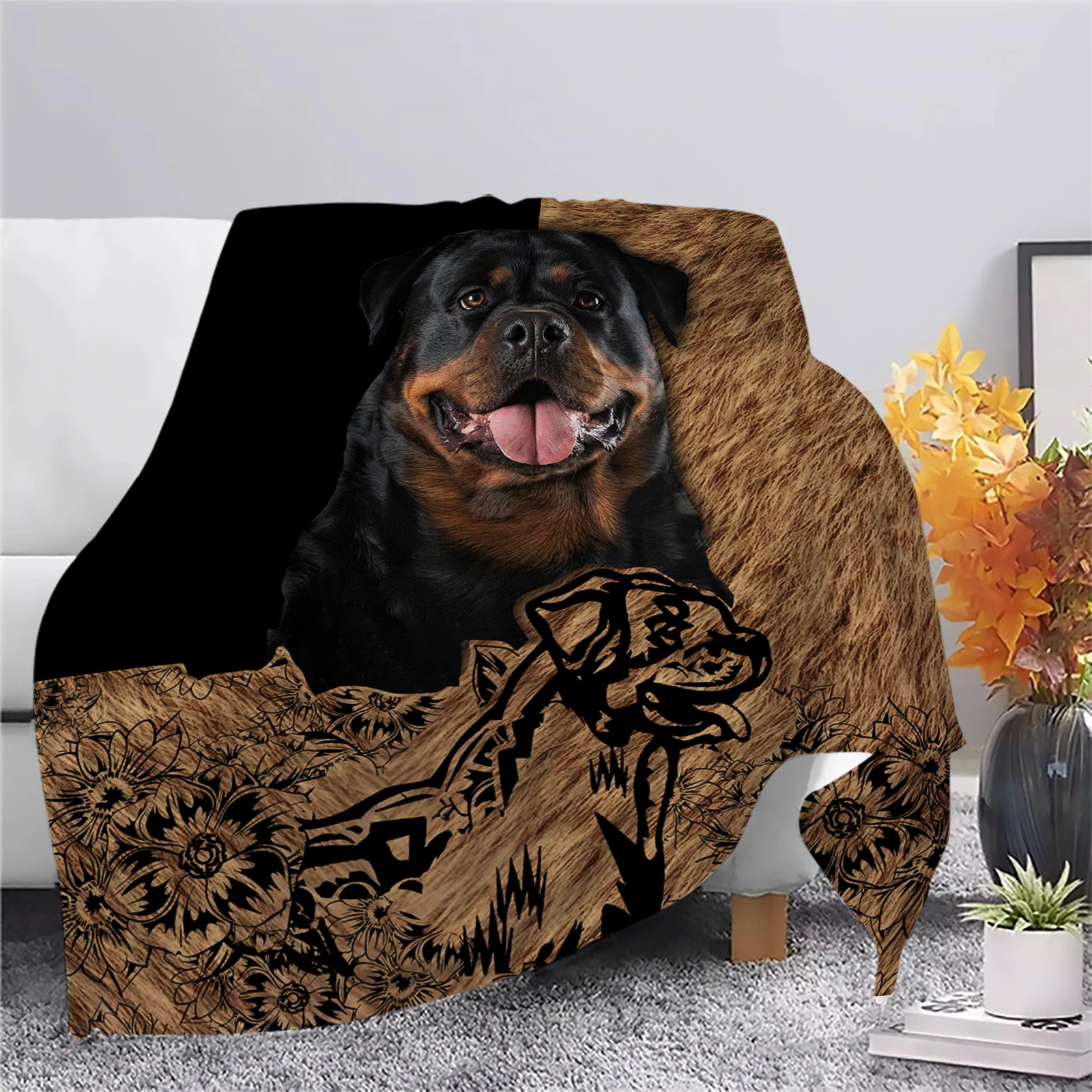 

Rottweiler Flannel Blankets Animal Dog Hair Flowers 3D Printed Plush Blanket for Sofa Nap Travel Portable Dropshipping