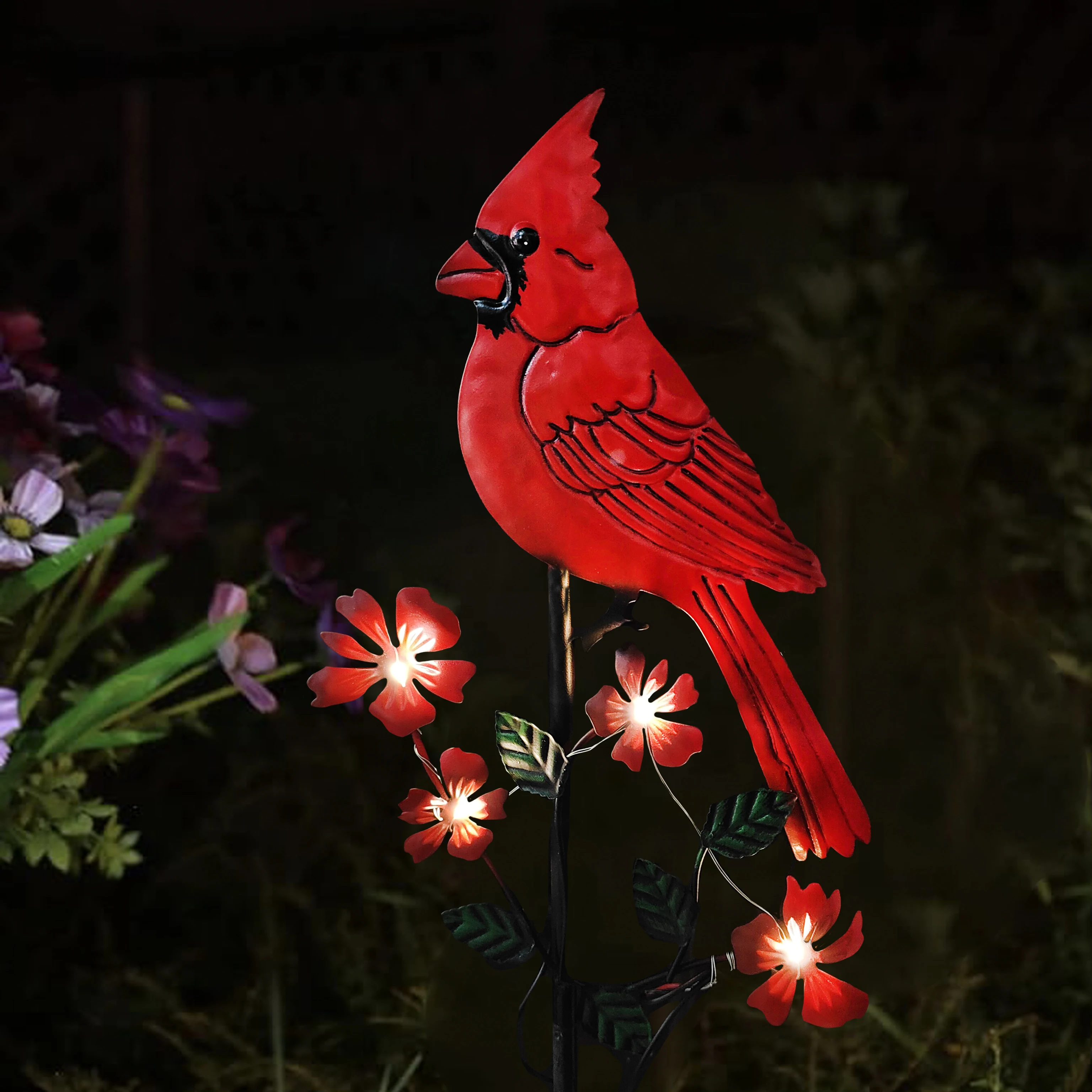 Metal Yard Art Red Bird Stake, Charming Solar Cardinal Light Stake Outdoor Decor, Garden Pathway Accent Ornament