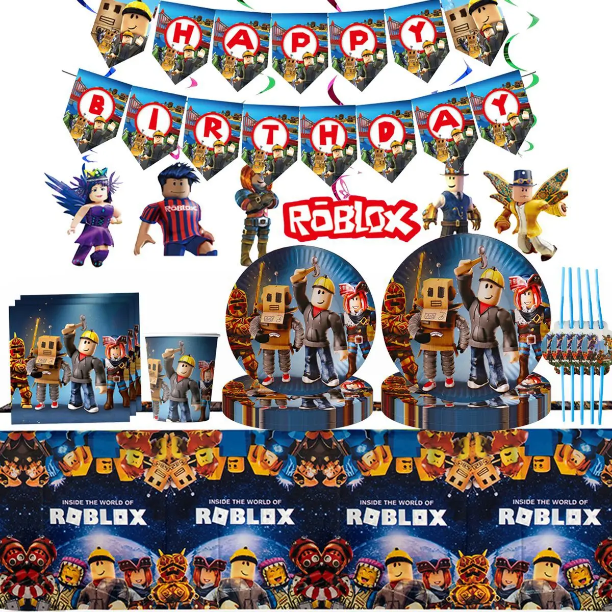 Ensemble Roblox pour garçons, décorations de fête d'anniversaire, vaisselle, nappe, gobelets, assiettes, serviettes, sacs, kits de cadeaux pour fête Roblox, baby shower