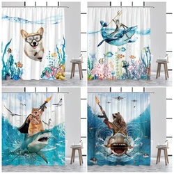 Funny Animals Shower Curtain Cute Diving Dog Cat Riding Shark Brown Bear Ocean Landscape Children Bathroom Curtains Fabric Decor