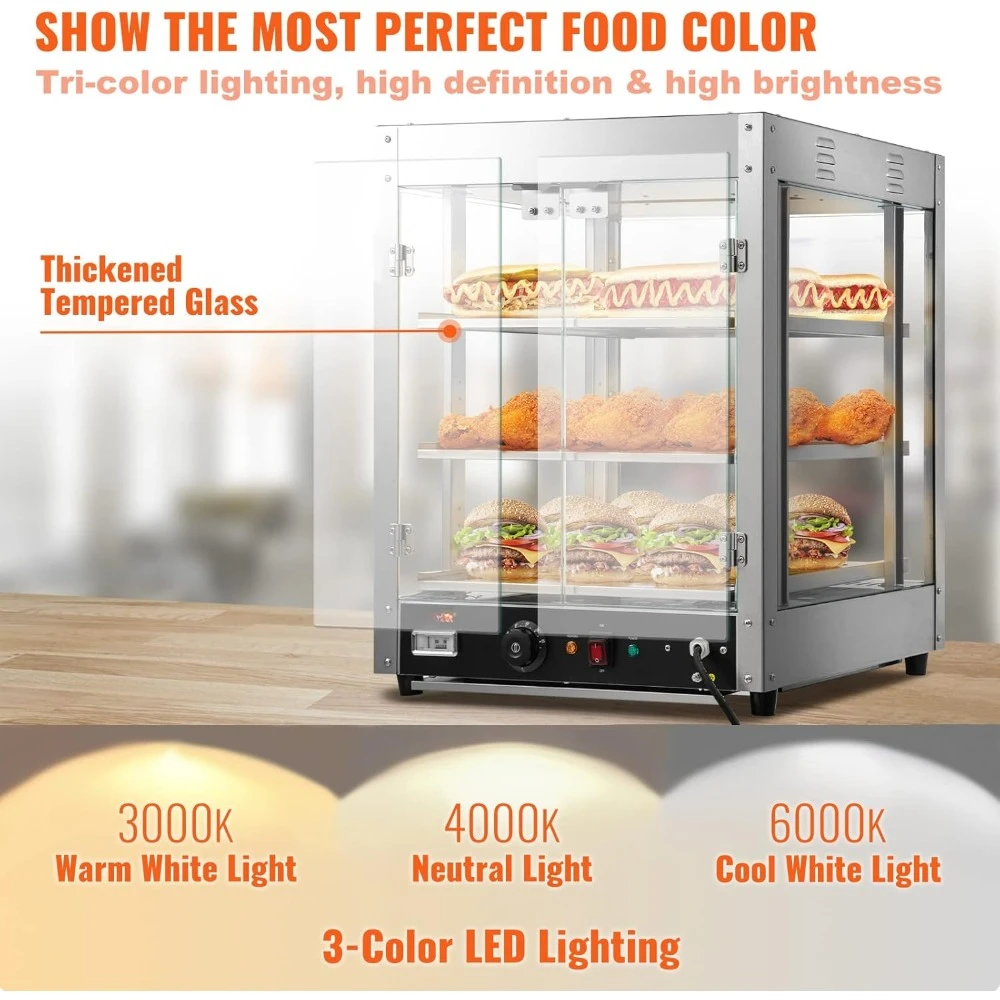 Commercial Food Warmer Display,Countertop Pastry Warmer w/Temp Knob & Display 0.6L Water Tray, Stainless Frame Glass Door