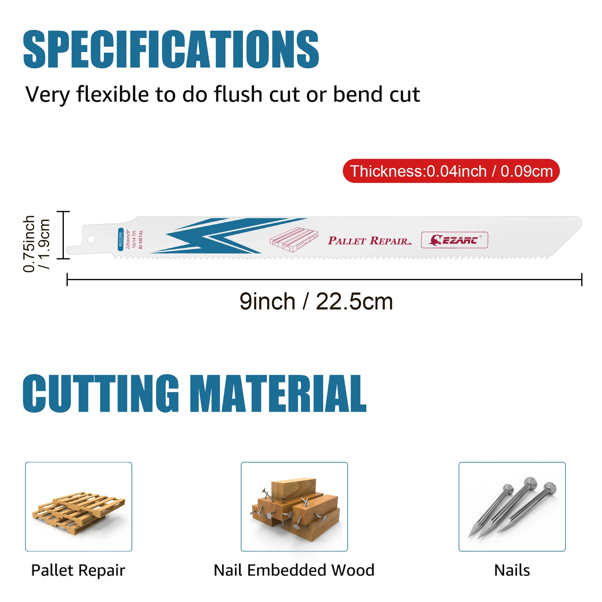EZARC Reciprocating Saw Blades Special for Pallet Repair, 9-Inch(225mm) 10+14TPI Bi-Metal Reverse Tip for Nail-Embedded Wood