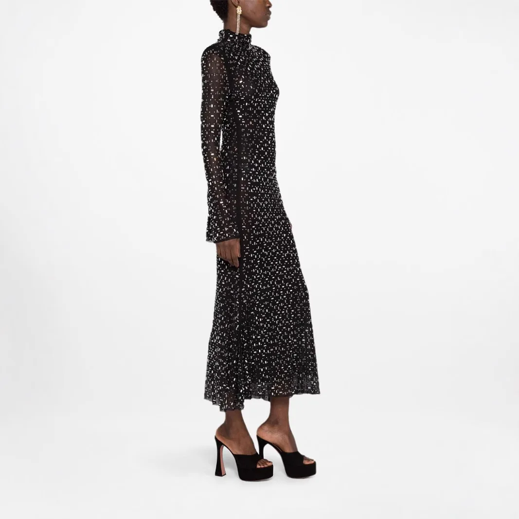 Stylish New Women's Black Dress Sheer Long Sleeve Drilling Calf-length Dresses Sparkling Embellishments Ideal for Evening Event