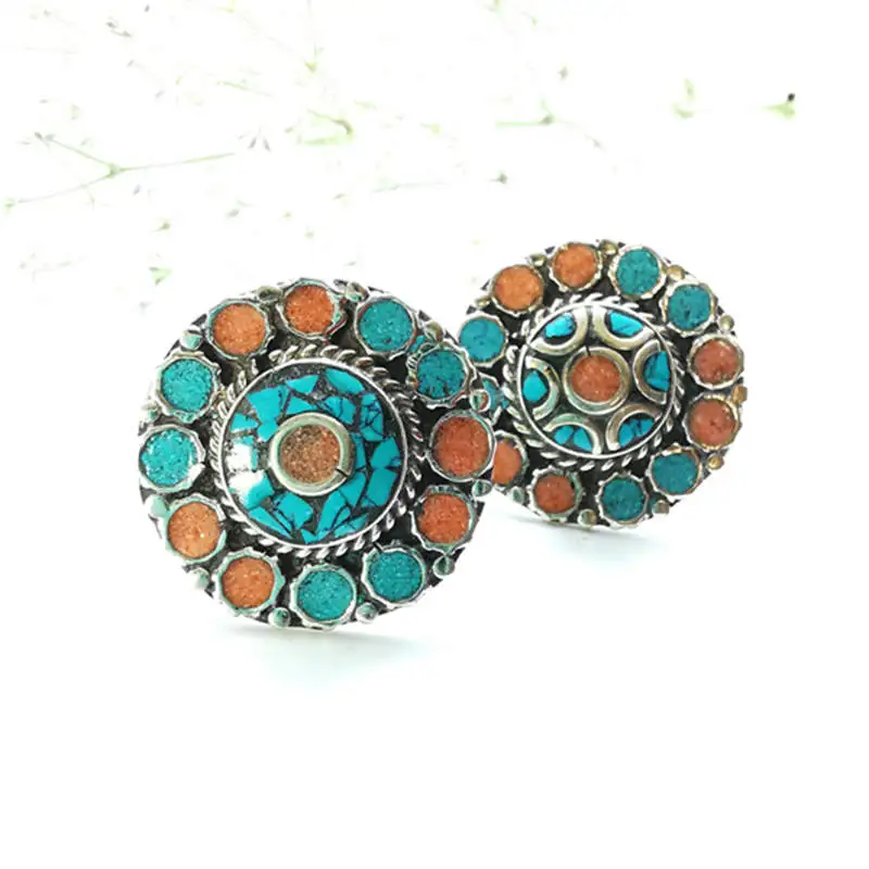 Ethnic Jewelry Vintage Rings Copper inlaid Stone Big Flower Ring R147