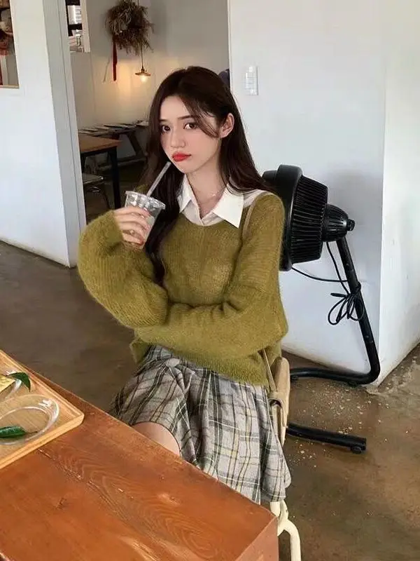 

Soft Thin V-Ne Mouton Sweater Women Loose Lazy Sle Sea Hair Knitted Top Spring Autumn Winter Color Polyester