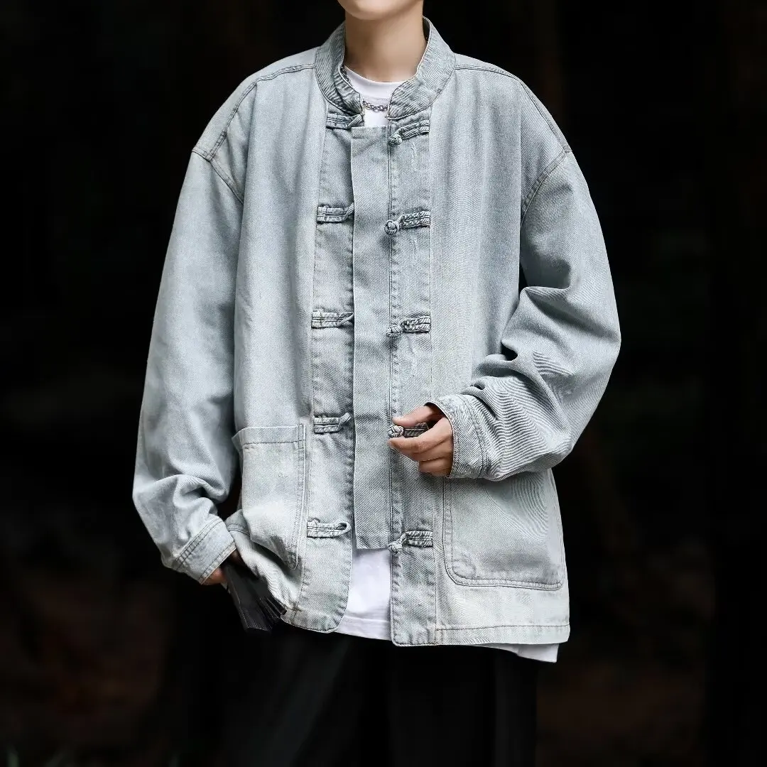 

Retro Chinese Sle adient Waed Denim Jaet Men's Ethnic Stand Collar Tang Costume Button Versatile Loose Fit Spring Autumn