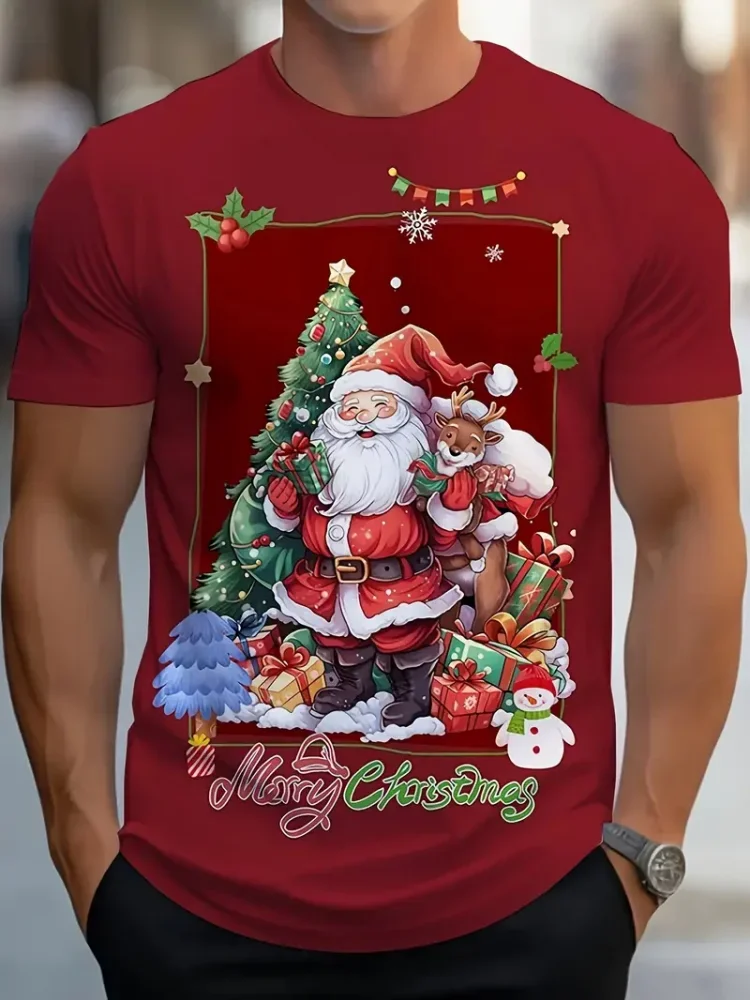 مضحك سانتا كلوز وديناصور نمط تي شيرت رجالي ثلاثية الأبعاد مطبوعة عيد الميلاد نمط قصيرة الأكمام تيز رجل عادية بلايز ملابس للرجال