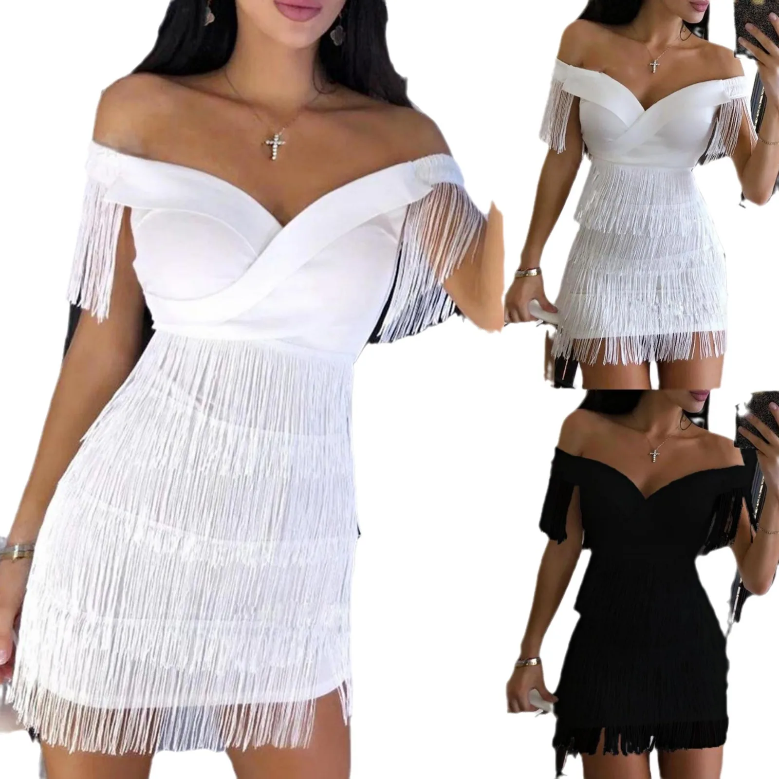 2024 Europe and the United States fashion sheath dress sexy shoulder fringe