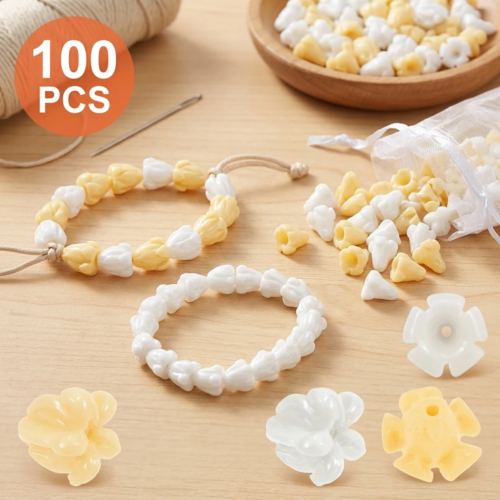 100Pcs Artificial Flower Shape Beads Resin Small Floral Bead Decorative Hawaiian Garland Bead for DIY Necklaces Bracelets Making