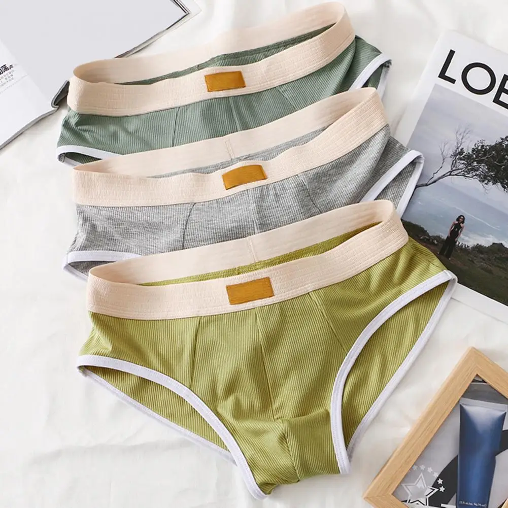 

Triangle Style Men Briefs Mid-rise Elastic Waist Patchwork Color Ribbed Panties U-Convex Triangle Style Underwear Daily Wear