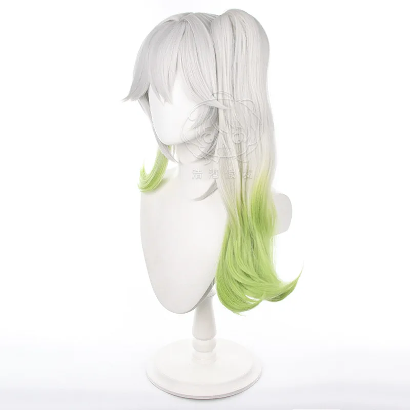 Nahida Cosplay Wig Genshin Impact Costume Accessories Woman Silver Gradient Green Detachable Ponytail Hair Halloween Stage Props