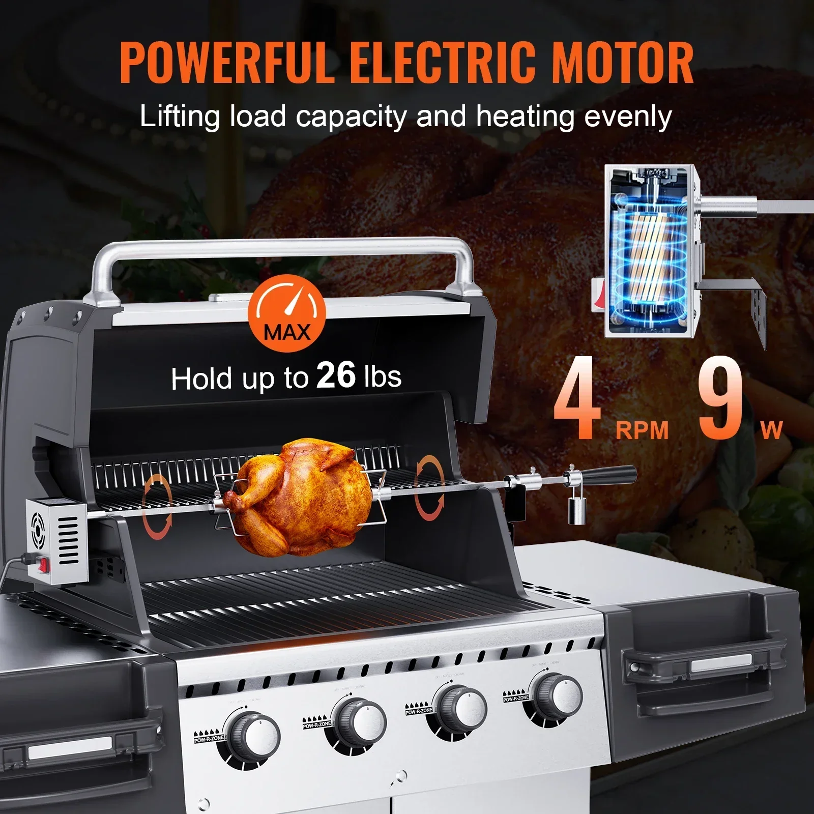 VEVOR Universal Grill Rotisserie Kit เตาย่างบาร์บีคิวไฟฟ้าพร้อมมอเตอร์ 9W, สแตนเลสสตีลชุดย่างอัตโนมัติ, ก้าน Spit หกเหลี่ยม