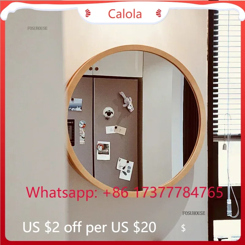 Solid Wood Wall Mounted Bathroom Cabinet Round Mirror Modern Storage Locker for Home Dormitory