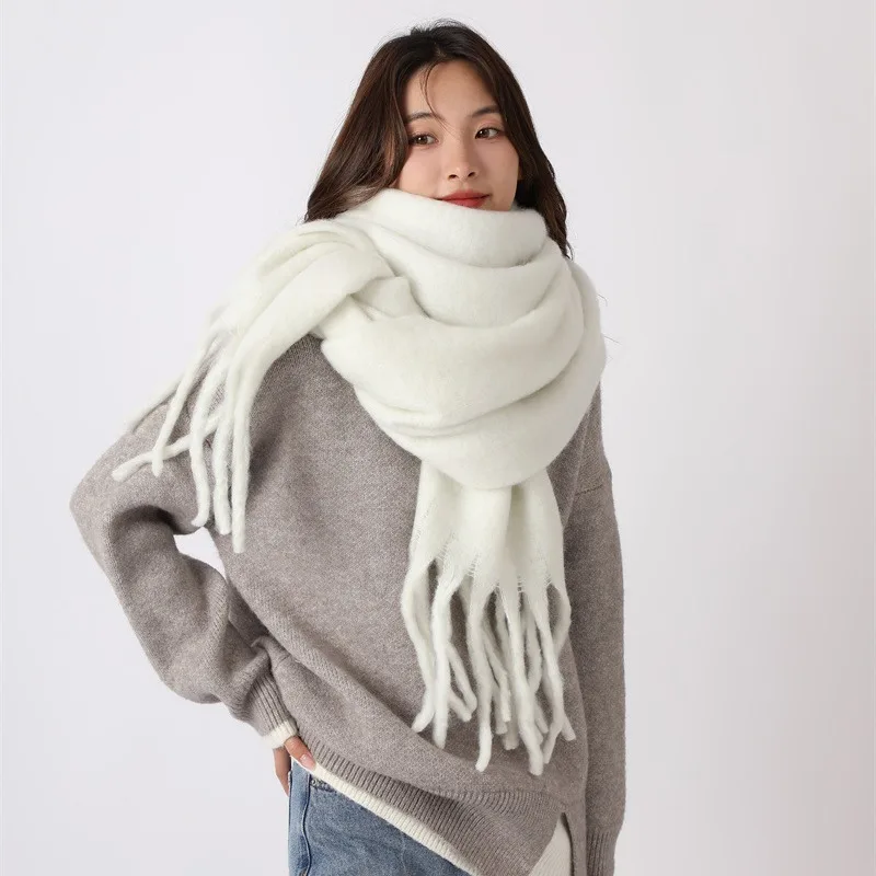 Protective Soft Large Solid White Mohair Scarf with Tassels for Women Couples Students Winter Daily Wear
