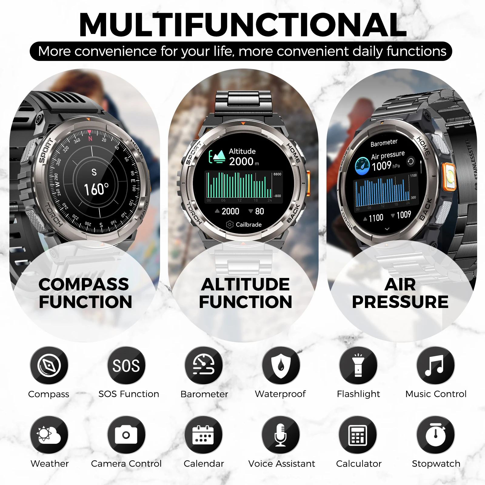 LaNikar Smart Watch New KE5 3ATM Waterproof Original Design Sports Watch With Compass And Altitude Barometer LED Flashlight Call