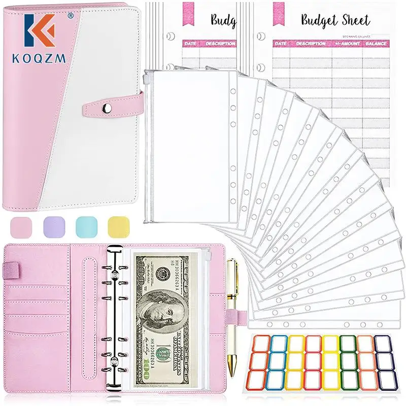 A6 Budget Planner PU Leather Notebook Binder Organizer Cash Envelopes Wallet Binder Cover Binder Pockets Expense Budget Sheets