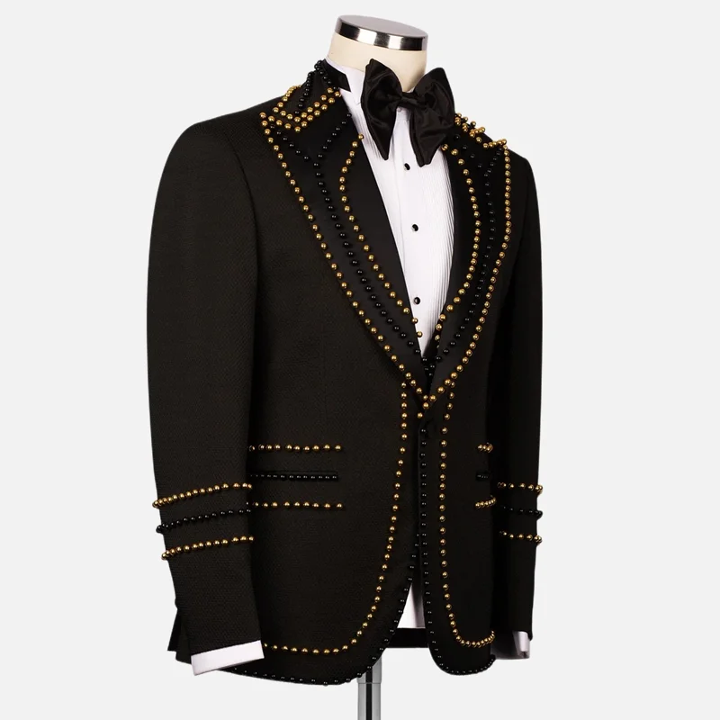 Luxury Wedding Tuxedo Black Formal Groom Men Suits Gold Crystals Business Wear Blazer Vest Pants Tailored Made Prom Party Suit