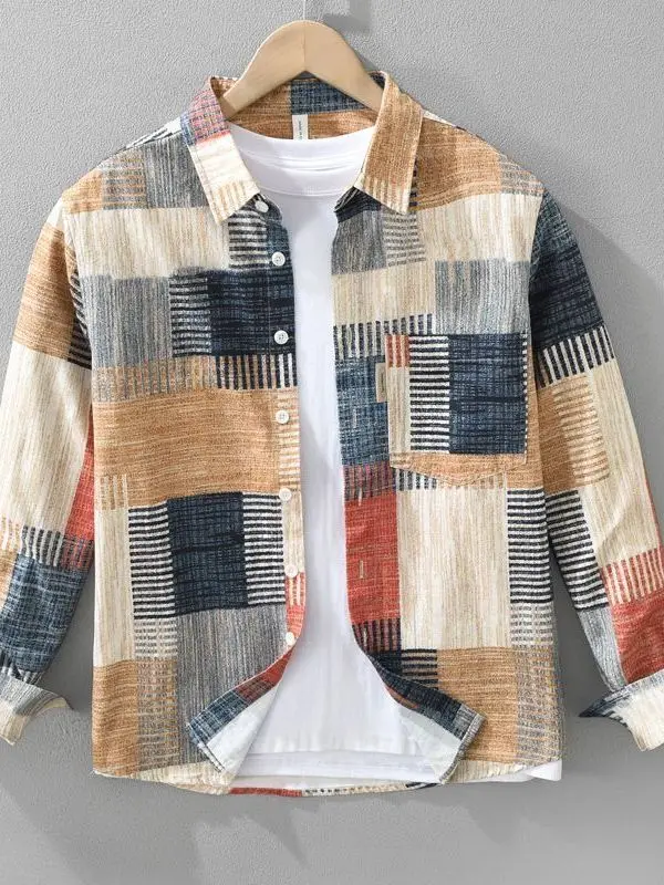 Retro Plaid Men's Shirt Trendy Luxury Casual Fashionable Outerwear Long Sleeve Button up Regular Fit Autumn Wear for Youth