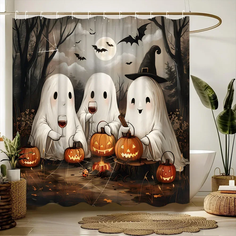 

Cute Ghost Shower Curtain Spooky Halloween Cartoon Bat Spider Web Pumpkin Kid Home Polyester Fabric Bathroom Decorative Curtains