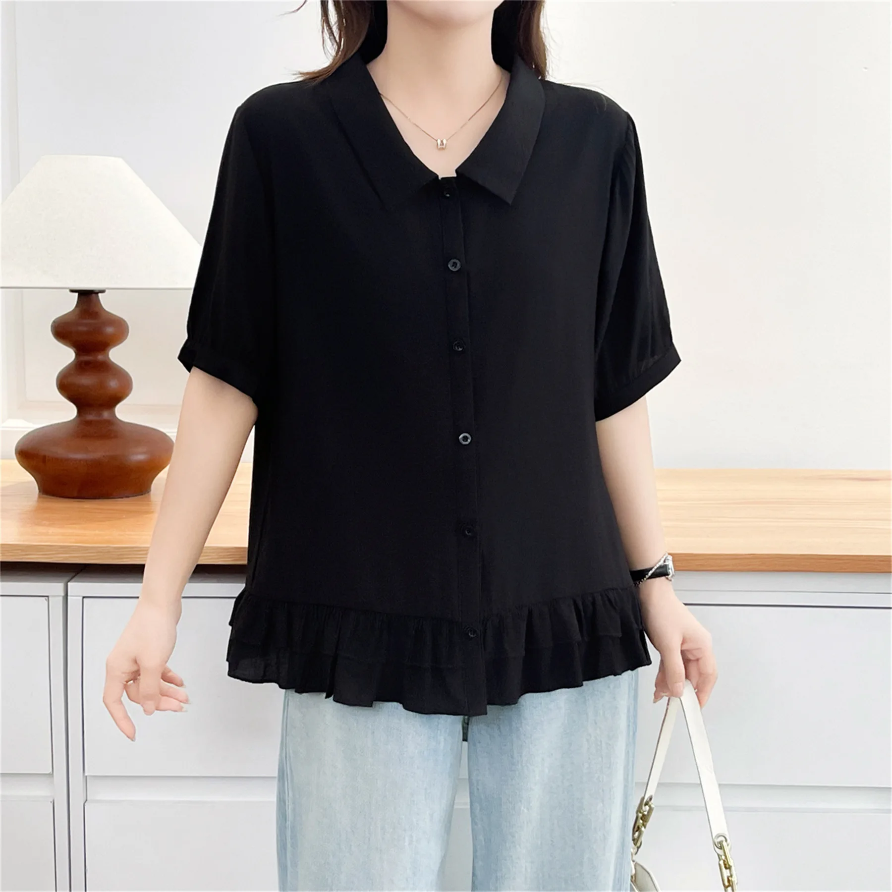 2026 Summer Plus Size Thin Ruffle Hem Open Blouse Short Sleeve Simple Daily Loose Shirt Curvy Ladies 8679 view 2