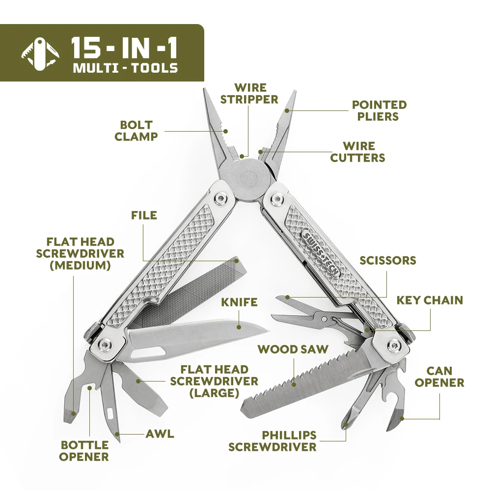 Imagem -02 - Swiss Tech-alicate Dobrável Multifuncional Mola Assistida Tesoura Canivete Edc Multitool Outdoor Camping Supplies 15 em 1