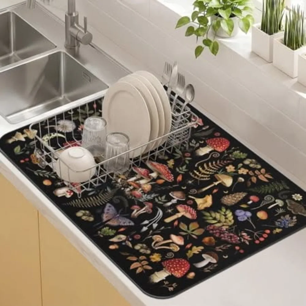 Kitchen Dish Mat Clusters of Blue Red Wild Berries Printed Absorbent Pad Pink Fuchsia Blossoms for Countertop Sink