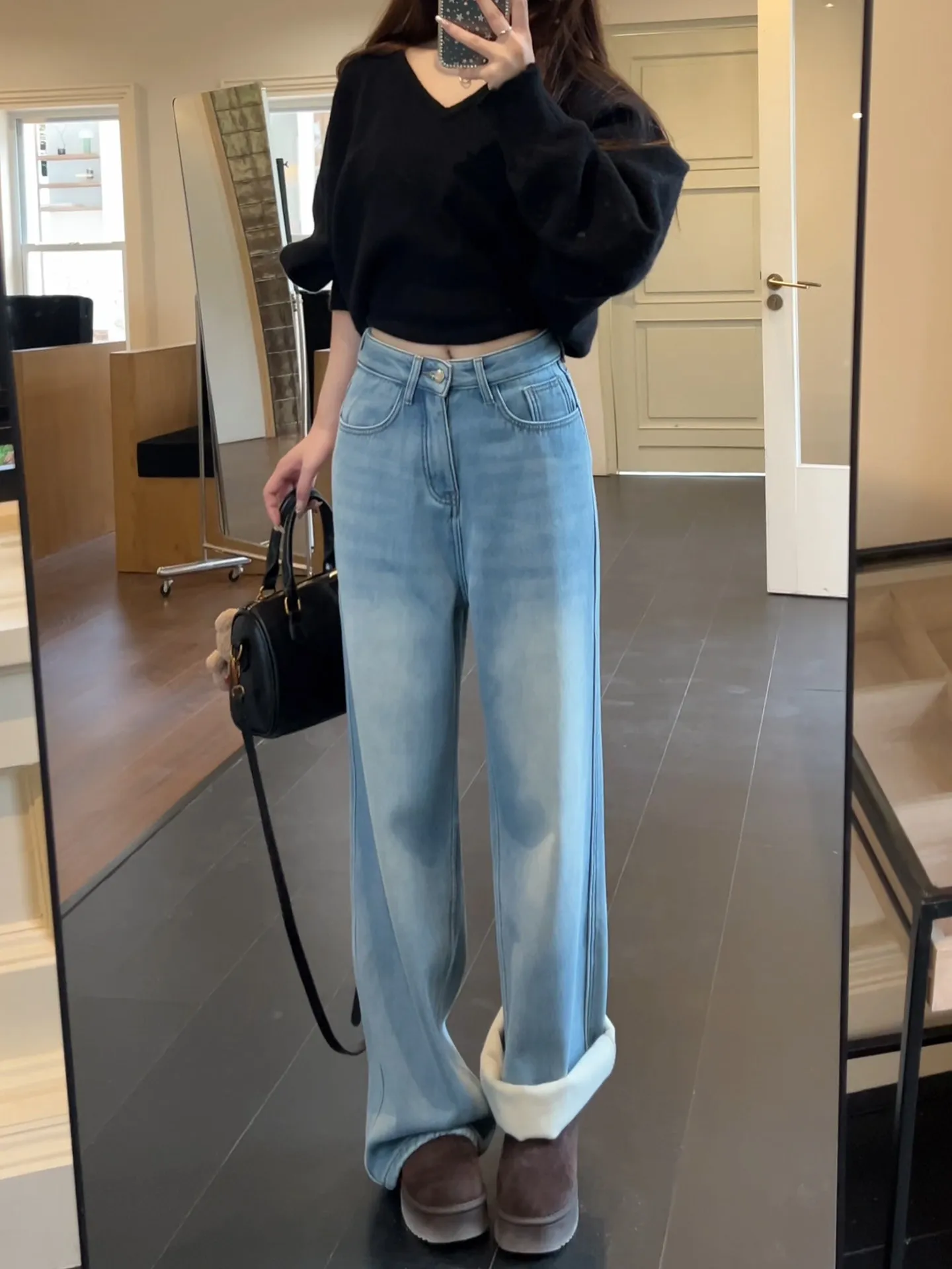 

Светло-голубые джинсы прямого кроя на флисовой подкладке для женщин, зимняя новинка, утепленные, с высокой талией, зауженные, с эффектом похудения