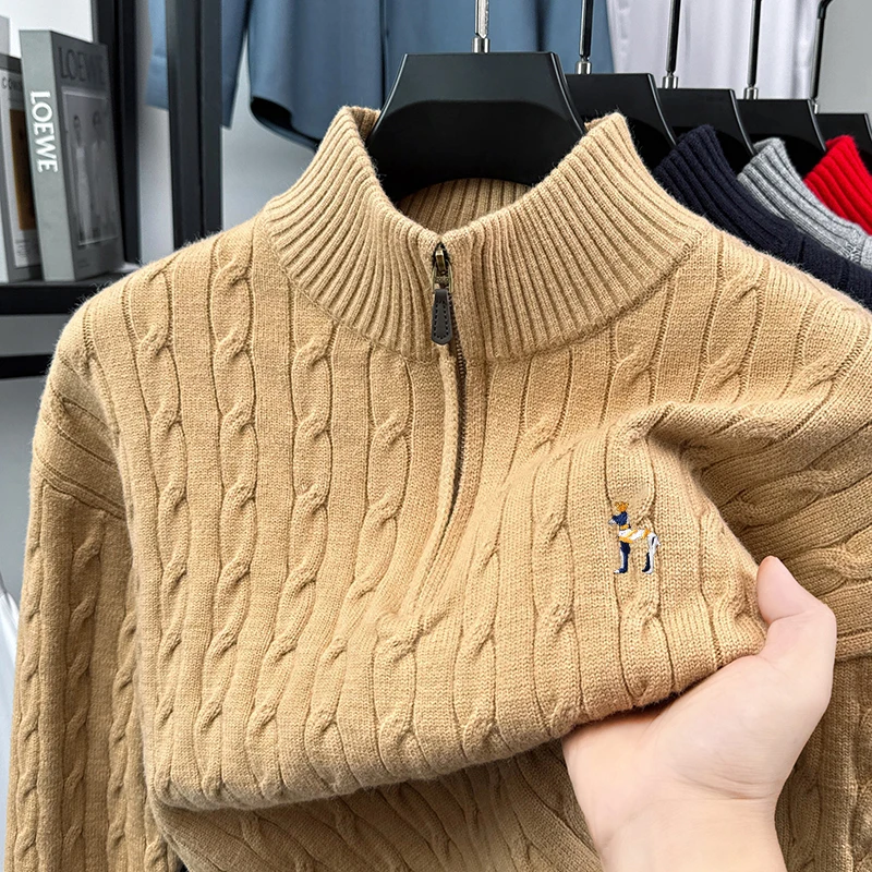 Sweater Rajut Tebal Setengah Resleting Kerah Tinggi untuk Pria Musim Dingin