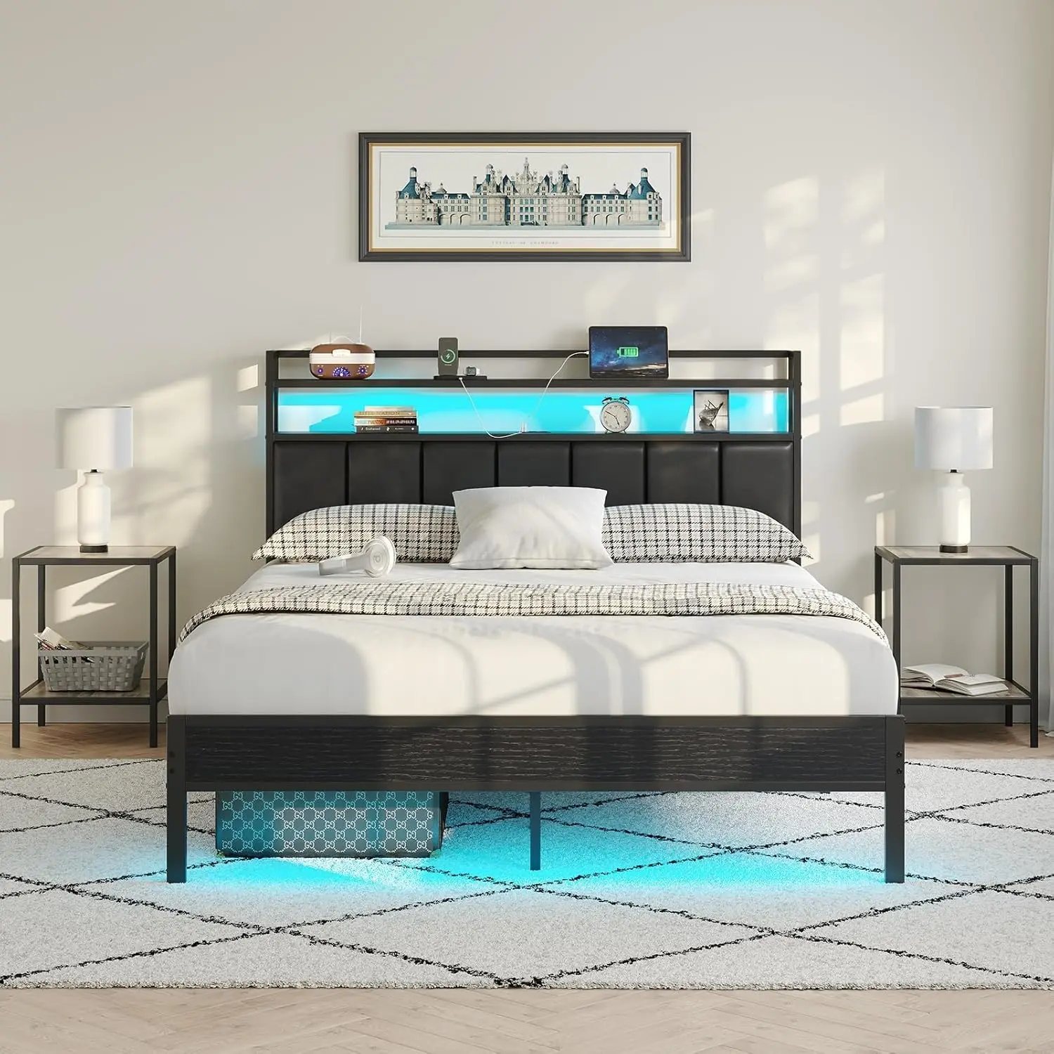 

Bed Frame with Headboard, Metal Bed Frame with Charging Station and Lights, Heavy Duty Bed with Storage Shelves,N