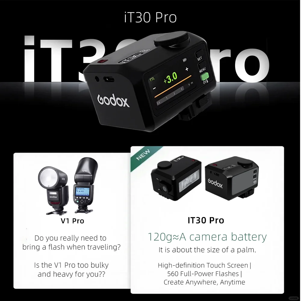 НОВЫЙ Godox iT30Pro Мини-набор Верхняя вспышка Сенсорный экран Ретро Свет Литиевый TTL Высокоскоростной синхронный Маленький Портативный 120 г Легкий Фото №3