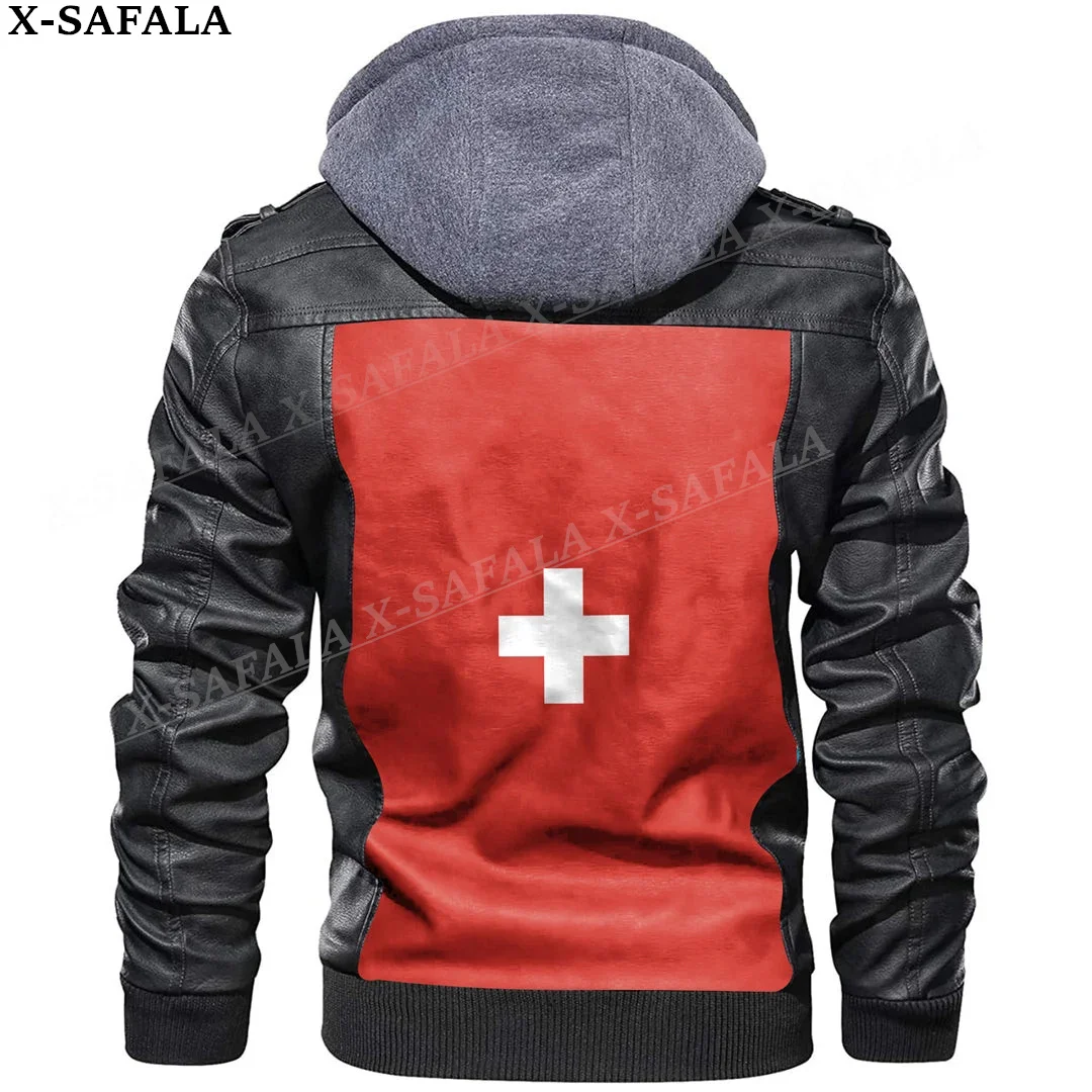 

Switzerland Flag Leather Jacket Men Winter Fleece Motorcycle Faux Leather Jacket Removable Fur Collar Windbreaker Coat-1