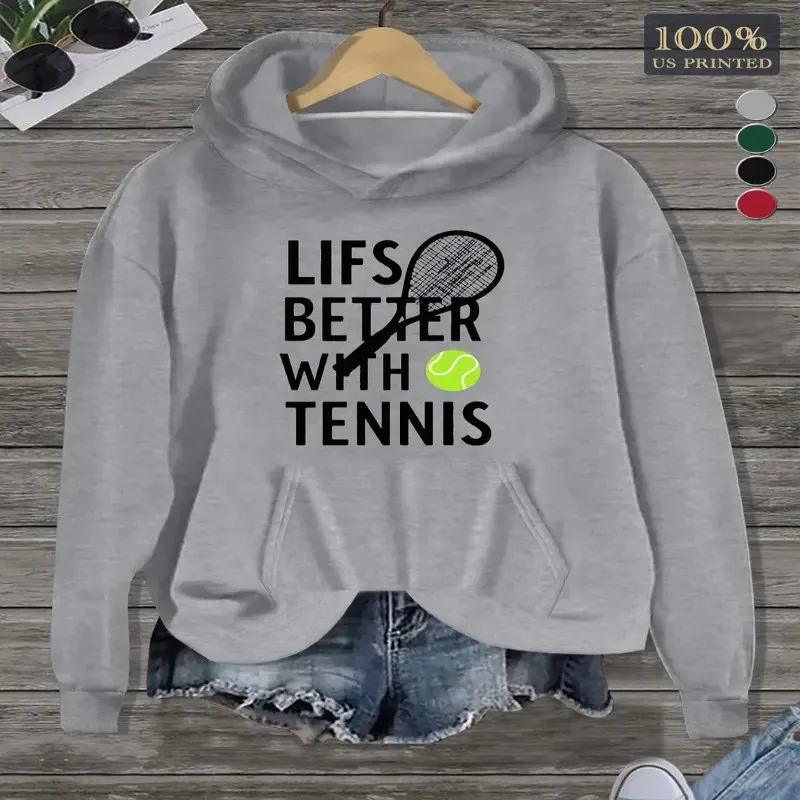 

Winter Fall Clothes Sweatshirt Female Plus Size Women Tennis Print Life is Better with Tennis Black Graphic Long Sleeve Elegant