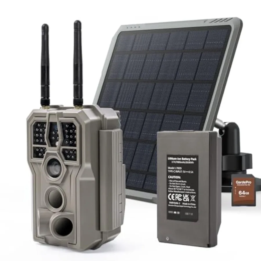 

Wildlife monitoring camera with SP300 solar panel, 4K Ultra HD 64MP, 165ft WiFi range, built-in 7800mAh battery and 64GB SD car
