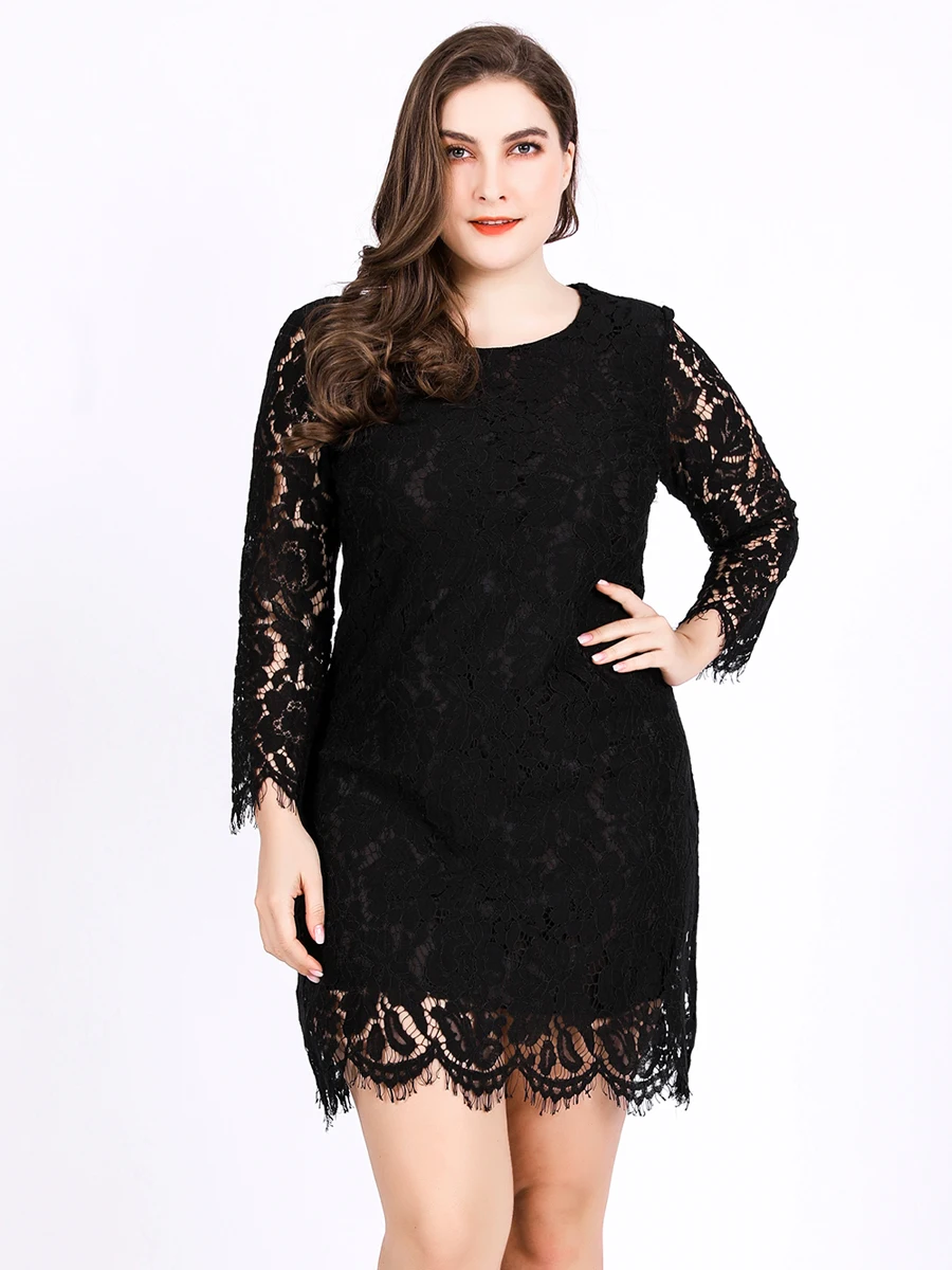 Plus Size Lace Party Dress Woman Summer Long Sleeve Lace Hollow Out Floral Sexy Eveing Club Bodycon Short Mini Dresses