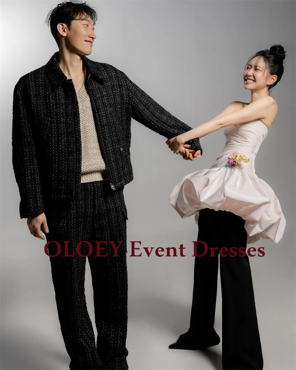 

OLOEY Modern Pink Pleats Short Prom Cocktail Dress Korea Photo Shoot Customized Strapless Puffy Mini Wedding Party Gown Women