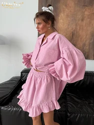 Clacive Casual Loose Pink Cotton 2 Piece Sets Women Outfit 2024 Elegant Puff Sleeve Shirt With High Waist Pleated Shorts Set