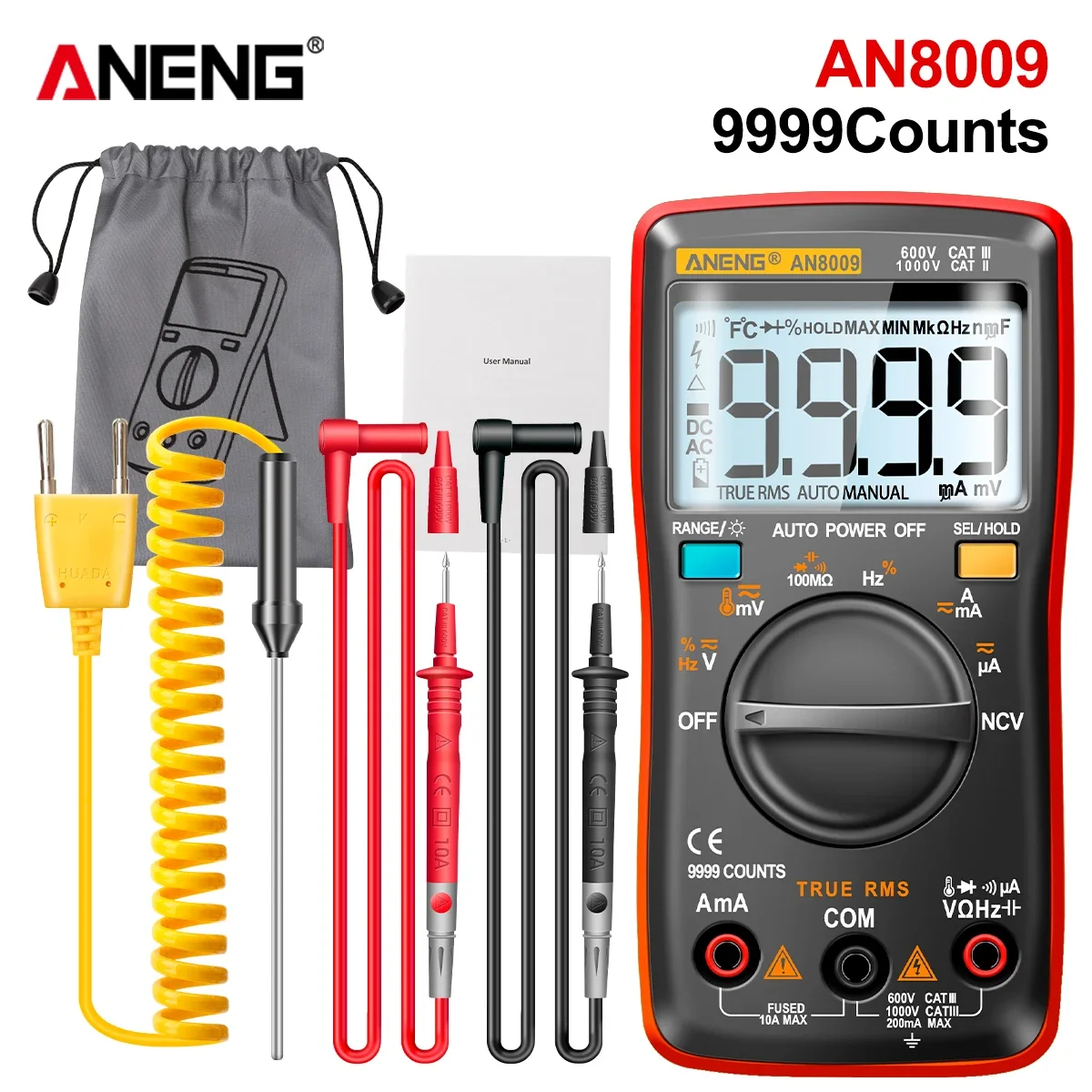 ANENG AN8009 Digital Multimeter Diode Continuity Test Duty Cycle Auto Manual Range Temp Measure Household Industrial Repair Tool