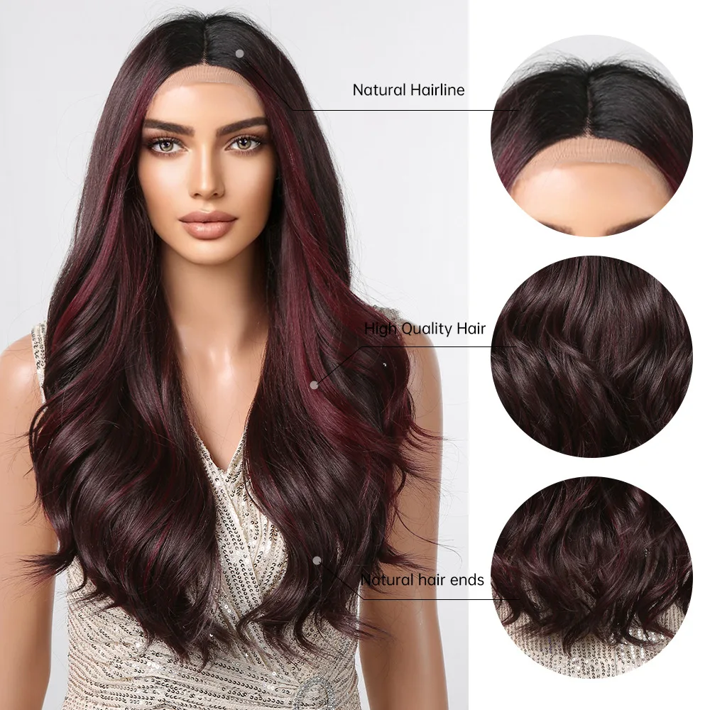 LOUIS FERRE Burgundy Lace Frontal Wave Synthetic Wigs Long Wine Red Highlight Hair Wigs 13*1 T Part Lace Frontal Heat Resistant