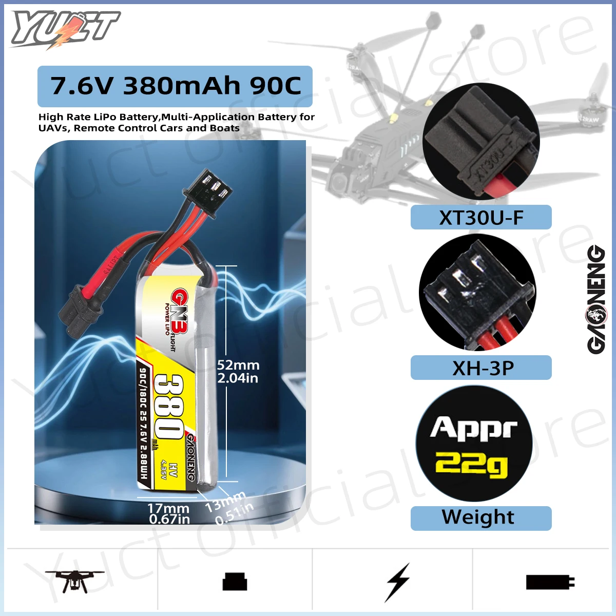 

YUCT GAONENG GNB 2S 7.4V XT30 LiHV 7.6V 380mAh PH2.0 90C/Max 180C LiPo Battery For FPV Drone Quadcopter Battery