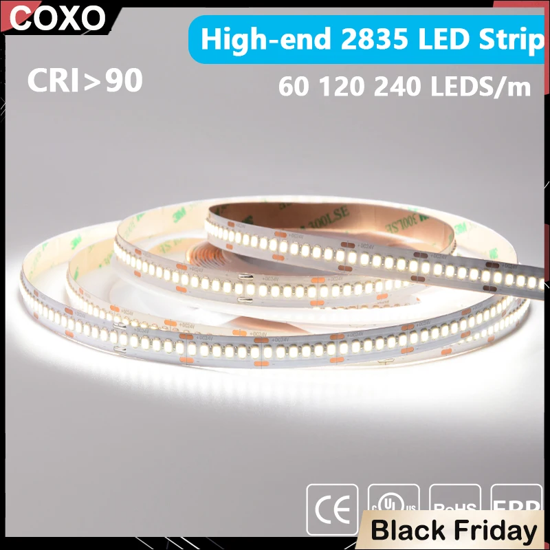 Fita LED 2835 High-end de 5m 60/120/240 LEDs / m Fita LED flexível de 16,4 pés RA90 SMD2835 Luzes LED 3000K-6000K DC12V 24V