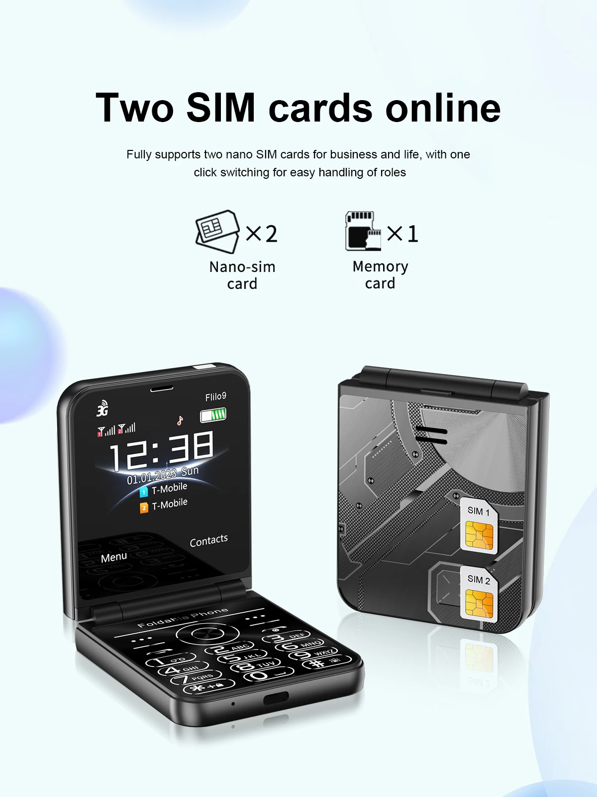 SERVO Flilo9 Foldable Feature Phone 3G WCDMA Dual SIM Big Button Speed Dial Auto Call Recording FM Radio Flashlight Cellphone