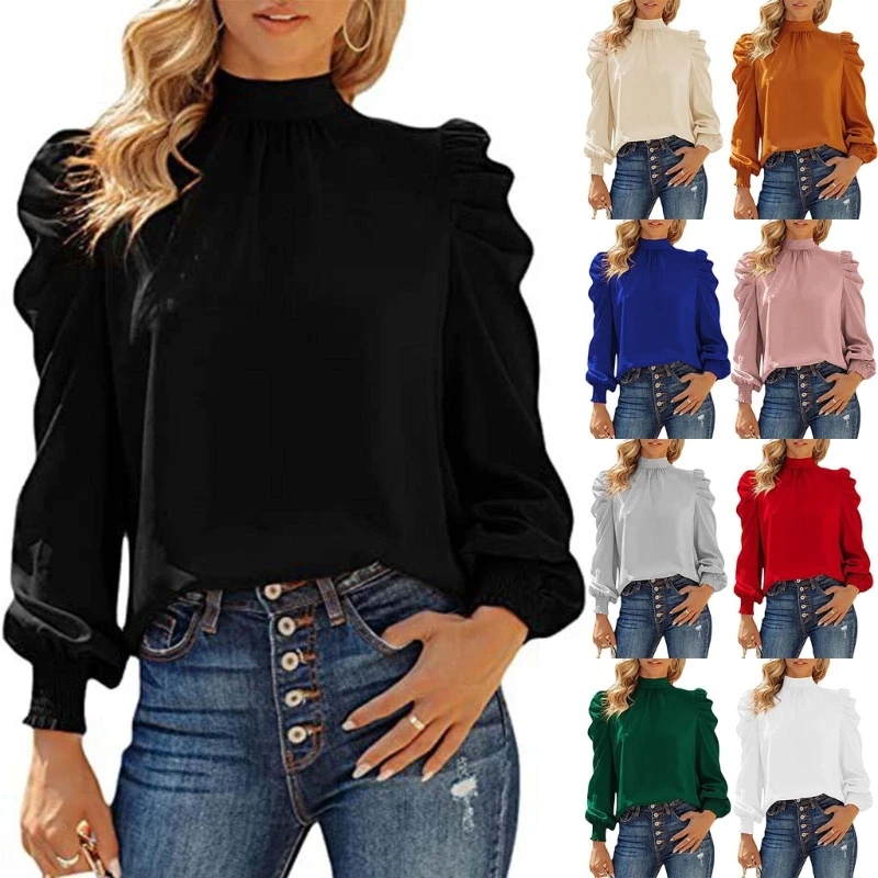 

Women's Long Sleeve Tunics Tops High Neck TShirts Casual Loose Blouses Tops Dropship