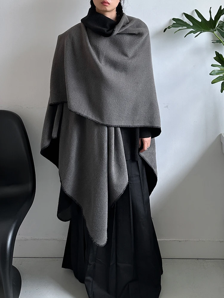 [EAM] Women Black Gray Long Big Size Elegant Keep Warm Scarf New Long  Personality   Fashion Tide Autumn Winter 2024 1DH8166