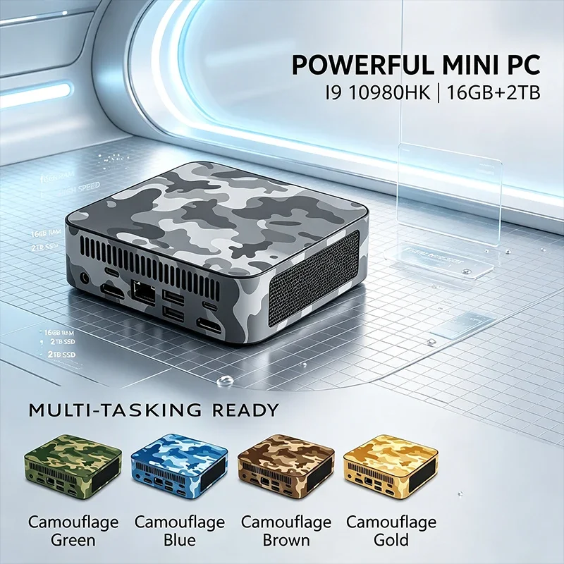New Camouflage Intel I9 10980HK Mini PC 16GB+2TB High Speed Combo Dual HDMI 4K Gigabit Windows 11 Portable Desktop for Office