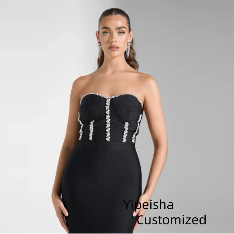 Customized Sexy Strapless Sleeveless Evening Dress Woman  Rhinestone Ball Gown Dress Rear Slit  Prom Dresses