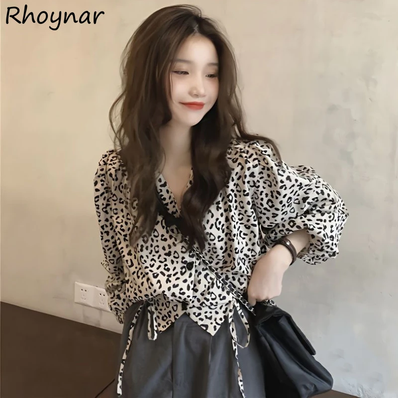 Leopard Long-sleeve Shirts Women Spring Vintage Drawstring Cropped Shirt Chic Female Tops Casual Streetwear Lovely Sexy Stylish