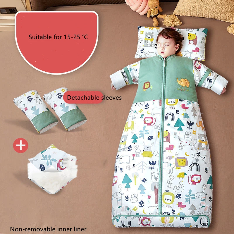 Pure Cotton Cartoon Style Baby Sleeping Bag Autumn Winter Thicken Children\'s Detachable Sleeve Sleeping Bag Anti-kick Quilt