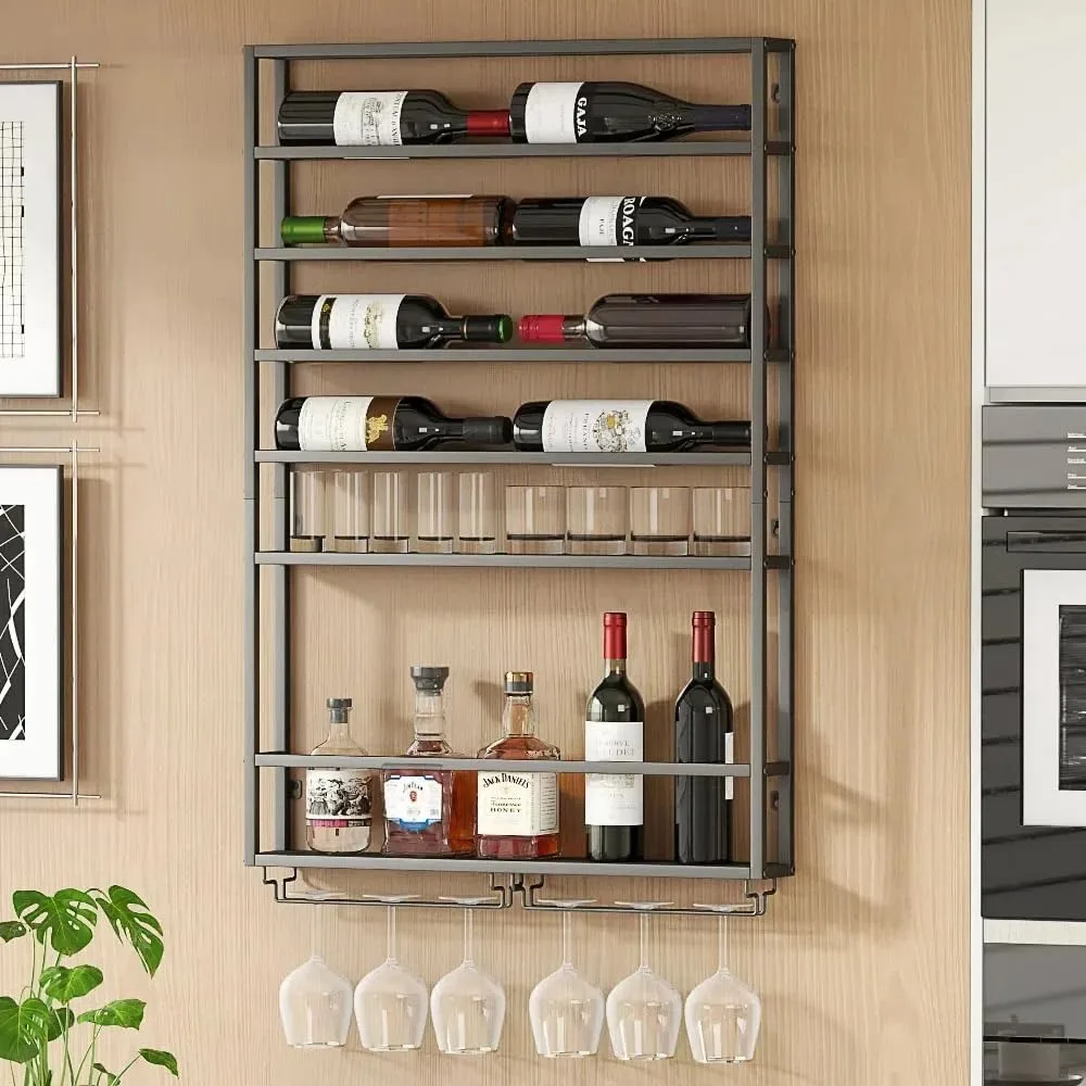 Wall Mount Wine Rack, Wall Wine Racks,Metal Bar Liquor Shelves and Glass Holder,Wall Bar Shelf Wine Display Storage Holder for H