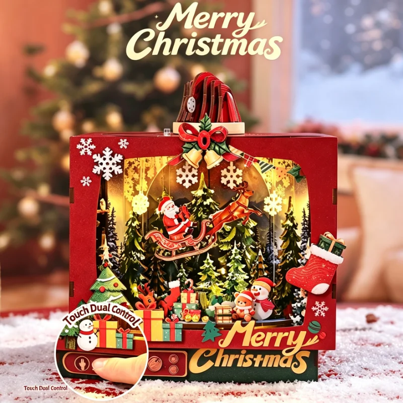 DIY Wooden Book House Merry Christmas Triple Sequence Cabin Model Handmade Rotating Belt Music Party Ornament Christmas Gifts