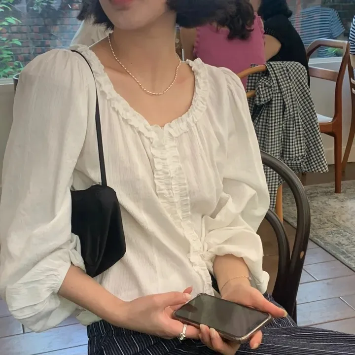 Top de mujer dulce Agel con ribete de encaje y un solo botón de burbuja Sve irt coreano Sle transpirable agradable para la piel primavera Otoño Invierno